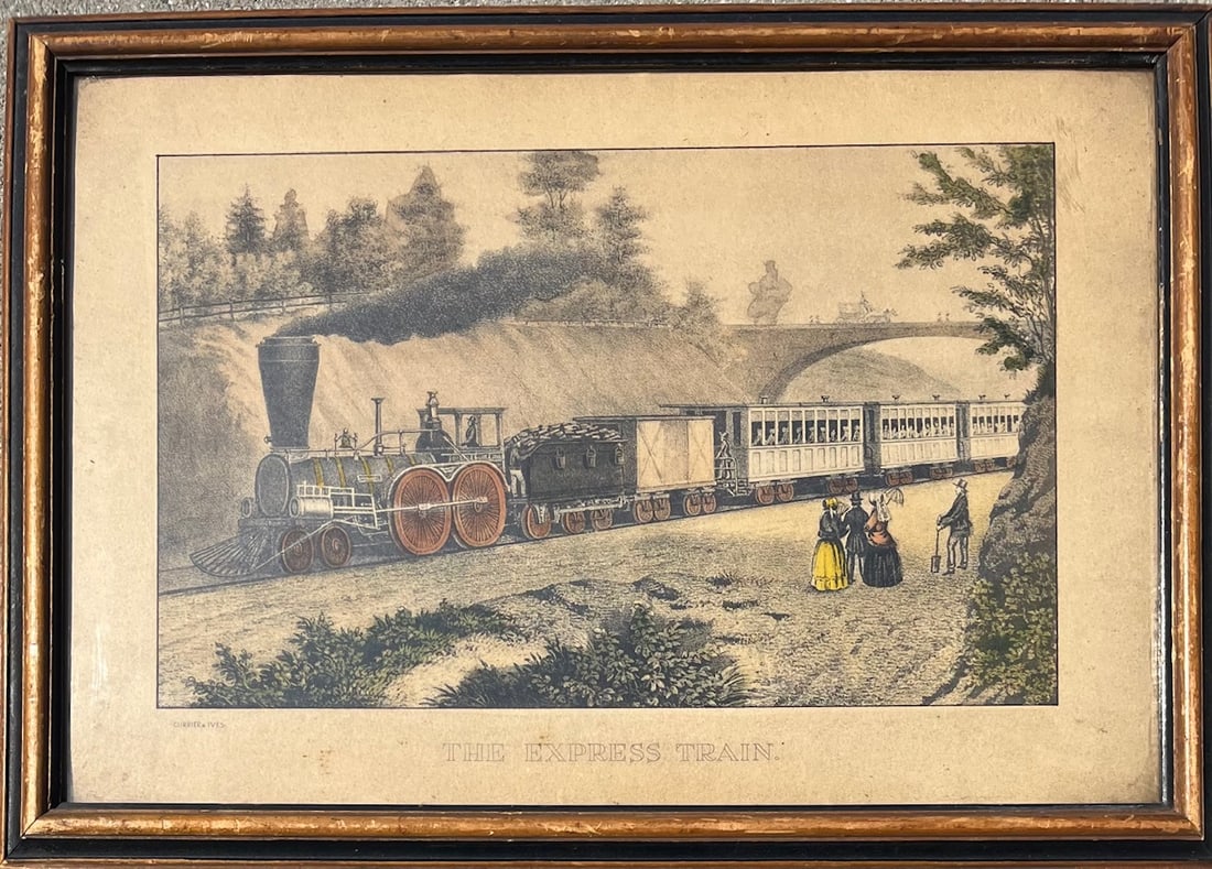 Framed Currier & Ives Engraving "THE EXPRESS TRAIN": Framed Currier & Ives Engraving "THE EXPRESS TRAIN", 1936 Newspaper Clipping on reverse, Frame measures approx. 19" W X 13 1/2" H, Condition as seen in photos provided