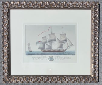 19th C. Hand Colored Naval Engraving 'Fregata Inglese' by Allezard and Fambrini, Framed