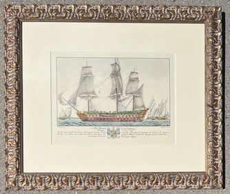 19th C. Hand Colored Naval Engraving 'Nave Francese di 110 Cannoni' Allezard & Fambrini, Framed