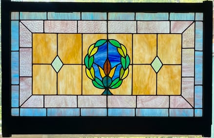 Late 19th, early 20th C. Leaded Stained Glass Church Window in Original Wooden Frame