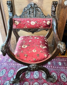 Renaissance Revival Carved Savonarola Armchair with Mythological Motifs, circa 1880