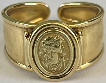 Italian 14k Yellow Gold Cameo 'Cigar Band' Ring, Stamped Italy 14k, Size 9.5, 4.13 grams