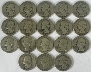 Lot of 18 Silver U.S. Washington Quarters, One 1936, Others with 1940's Dates, 90% Silver