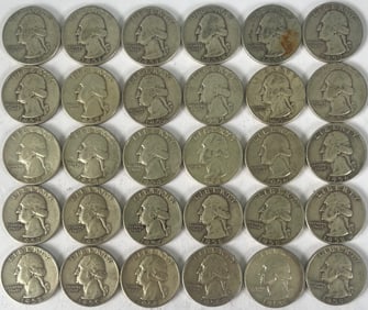 Lot of 30 Silver U.S. Washington Quarters, All with 1950's Dates, 90% Silver