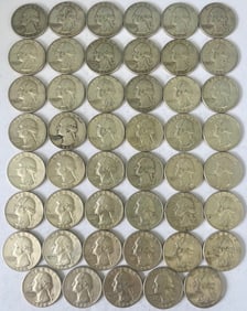 Lot of 47 Silver U.S. Washington Quarters, All with 1960-1964 Dates, 90% Silver