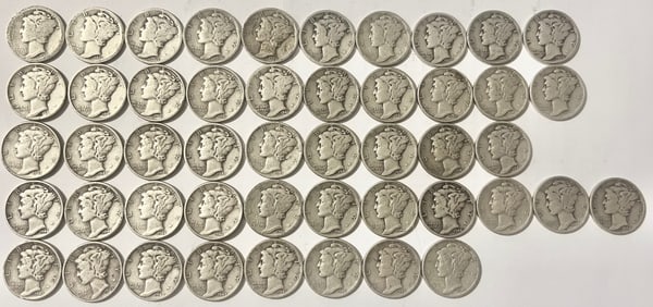 Lot of 48 Silver U.S. Mercury Head Dimes, Various Dates from 1929-1945, 90% Silver