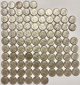 Lot of 99 Silver U.S. Roosevelt Dimes, various dates 1960-1964, 90% Silver