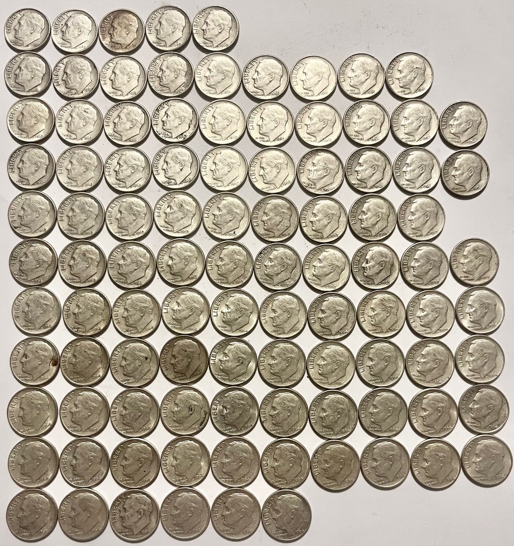 Lot of 99 Silver U.S. Roosevelt Dimes, various dates 1960-1964, 90% Silver: Lot of 99 Silver U.S. Roosevelt Dimes, various dates 1960-1964, 90% Silver