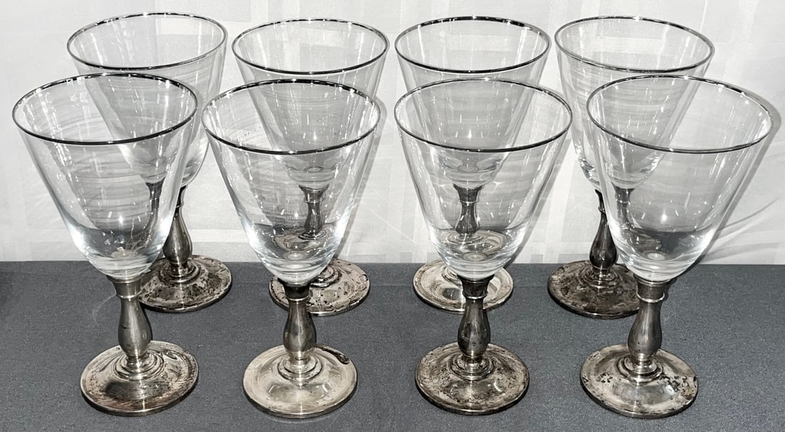 Set of 8 Gorham Sterling Silver & Lenox Crystal Stemware, Sterling bases only 693 grams: Set of 8 Gorham Sterling Silver & Lenox Crystal Stemware, Sterling bases are weighted with a total weight of 693 grams (bases only, glass removed for weight), measure approx. 7" H, good overall condit