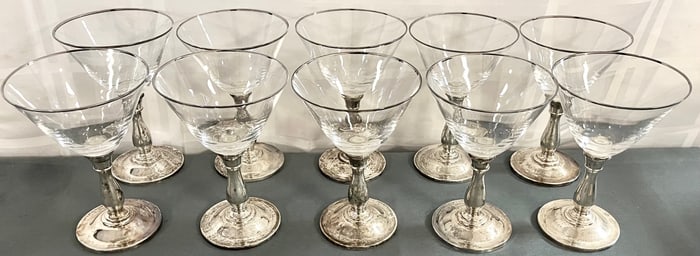 Set of 10 Gorham Sterling Silver & Lenox Crystal Stemware, Sterling bases only 898 grams