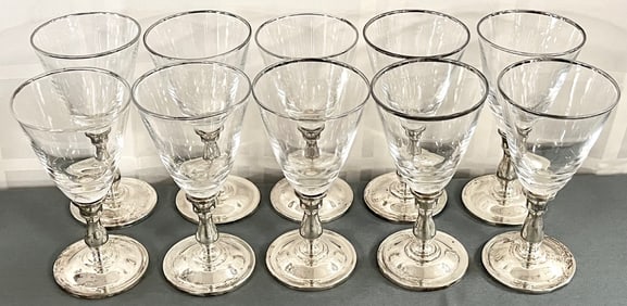 Set of 10 Gorham Sterling Silver & Lenox Crystal Stemware, Sterling bases only 566 grams