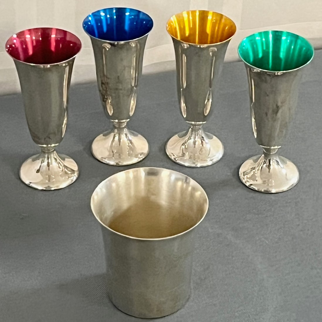 Lot of 5 Gorham Solid Sterling Silver Pieces, Set of 4 Cordials and a Shot Glass, 114 grams: Lot of 5 Gorham Solid Sterling Silver Pieces (NOT WEIGHTED, Set of 4 Cordials and a Shot Glass, 114 total grams, cordials measure approx. 3" H, Shot glass 2" H