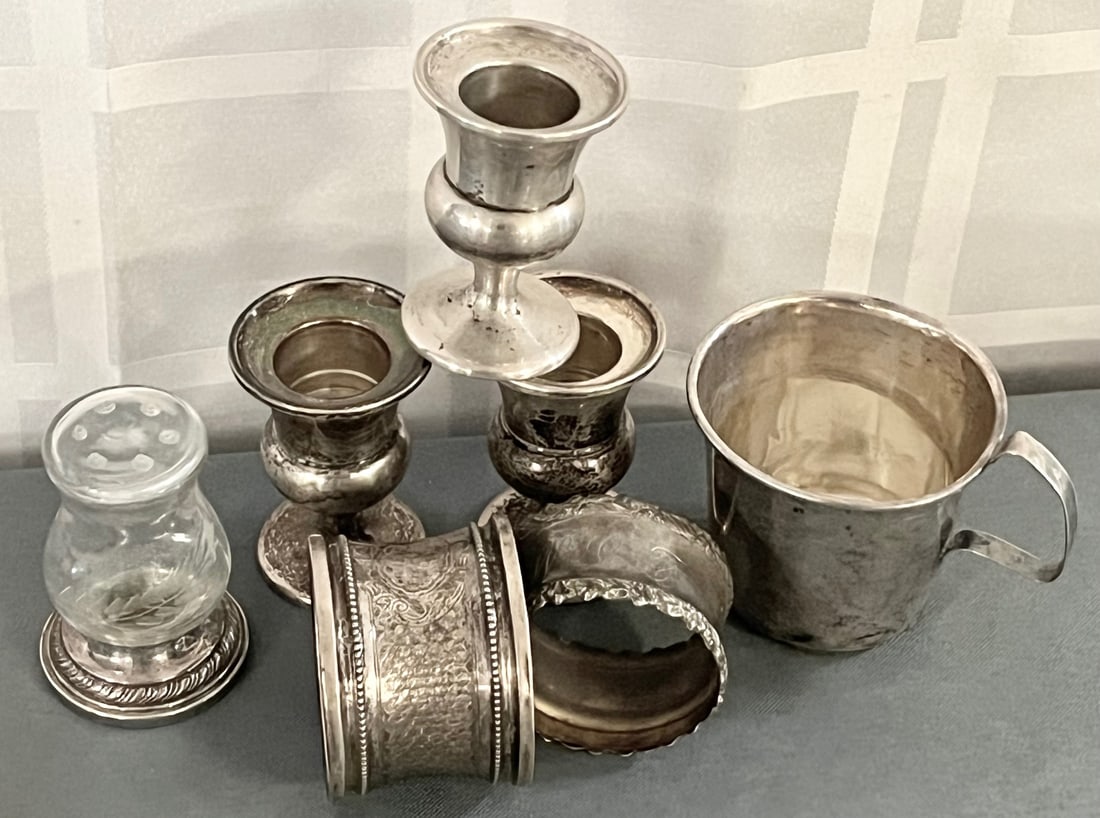 Misc. Sterling Lot, 7 pieces, 2 Napkin Rings, Baby Cup, 3 candlesticks, shaker, 254 grams: Misc. Sterling Lot, 7 pieces, 2 Napkin Rings, Baby Cup, 3 small Gorham candlesticks (Solid Silver, not weighted), glass shaker with weighted Sterling base, 254 grams with small weighted base, 226 gram