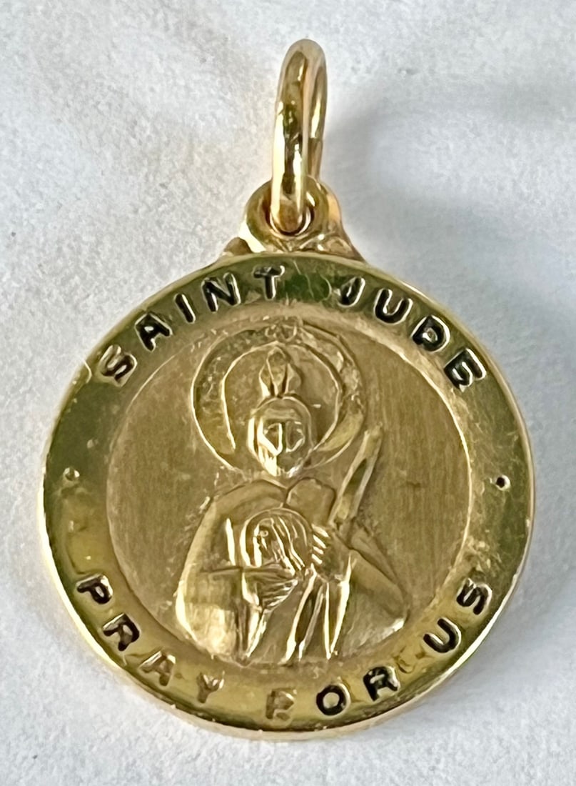 14K Yellow Gold Pendant, "Saint Jude Pray For Us" Stamped "Creed / 14K", 1.53 grams: 14K Yellow Gold Pendant, "Saint Jude Pray For Us" Stamped "Creed / 14K", 1.53 grams