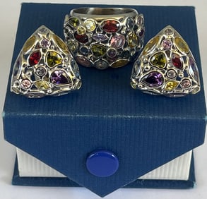 Italian 14K White Gold Multi-Gem Ring And Earring Set, Stamped Italy 14K, 20.46 grams