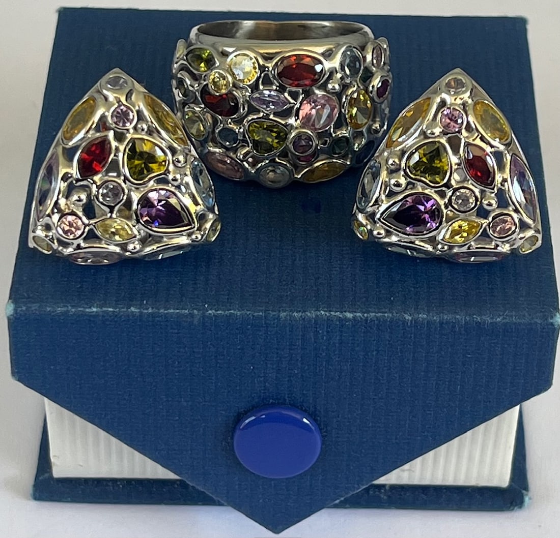 Italian 14K White Gold Multi-Gem Ring And Earring Set, Stamped Italy 14K, 20.46 grams: Italian 14K White Gold Multi-Gem Ring And Earring Set, A vibrant Italian-made White gold jewelry set consisting of one bold cocktail-style ring (Size 7.5) and a pair of triangular button-style earring