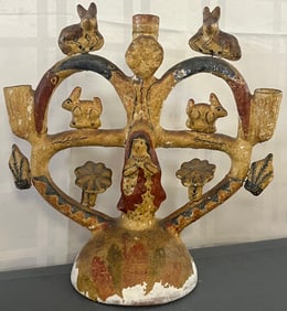 Vintage Mexican Folk Art Tree of Life Clay Candelabra with Rabbits & Female Figure