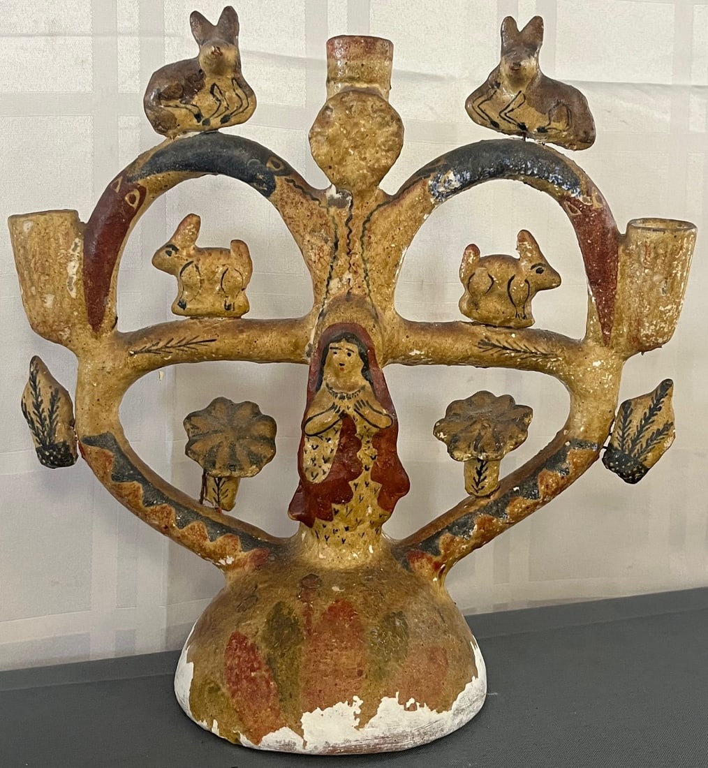 Vintage Mexican Folk Art Tree of Life Clay Candelabra with Rabbits & Female Figure: Vintage Mexican Folk Art Tree of Life Clay Candelabra with Rabbits & Female Figure, often depicting Biblical, mythological or cultural scenes and are used for both decorative and ceremonial purposes.