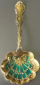 Antique Gorham Strasbourg Gold Vermeil Sterling Silver & Green Enamel Bon Bon Spoon
