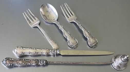 Lot of 5 Vintage Sterling Silver Items, 3 Children's Utensils, Letter Opener, Candle Snuffer