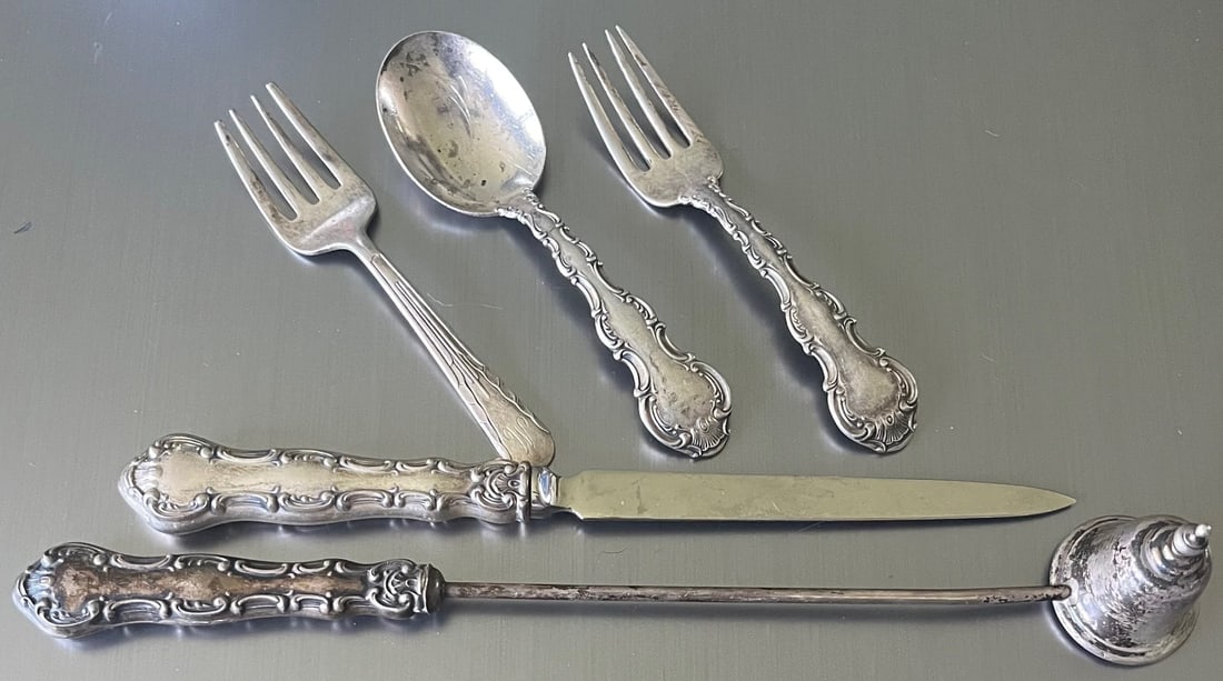 Lot of 5 Vintage Sterling Silver Items, 3 Children's Utensils, Letter Opener, Candle Snuffer: Lot of 5 Vintage Sterling Silver Items, 3 Children's Utensils, Letter Opener, Candle Snuffer, Includes a Gorham Sterling Child's Fork & Spoon, An International Child's Fork, A sterling handled letter