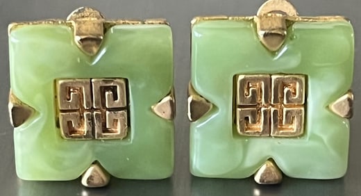 Mid-Century Green Jade and Gold Tone Clip On Earrings, Geometric Design