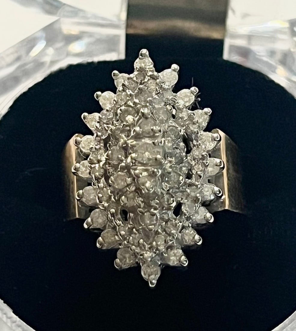 14K Yellow Gold and Diamond Cocktail Ring, approx. 55 Round Cut Diamonds, 9.42 g: 14K Yellow Gold and Diamond Cocktail Ring, approx. 55 Round Cut prong set Diamonds, stamped and tested 14K, size 7, 9.42 grams all inclusive, condition as seen in photos provided