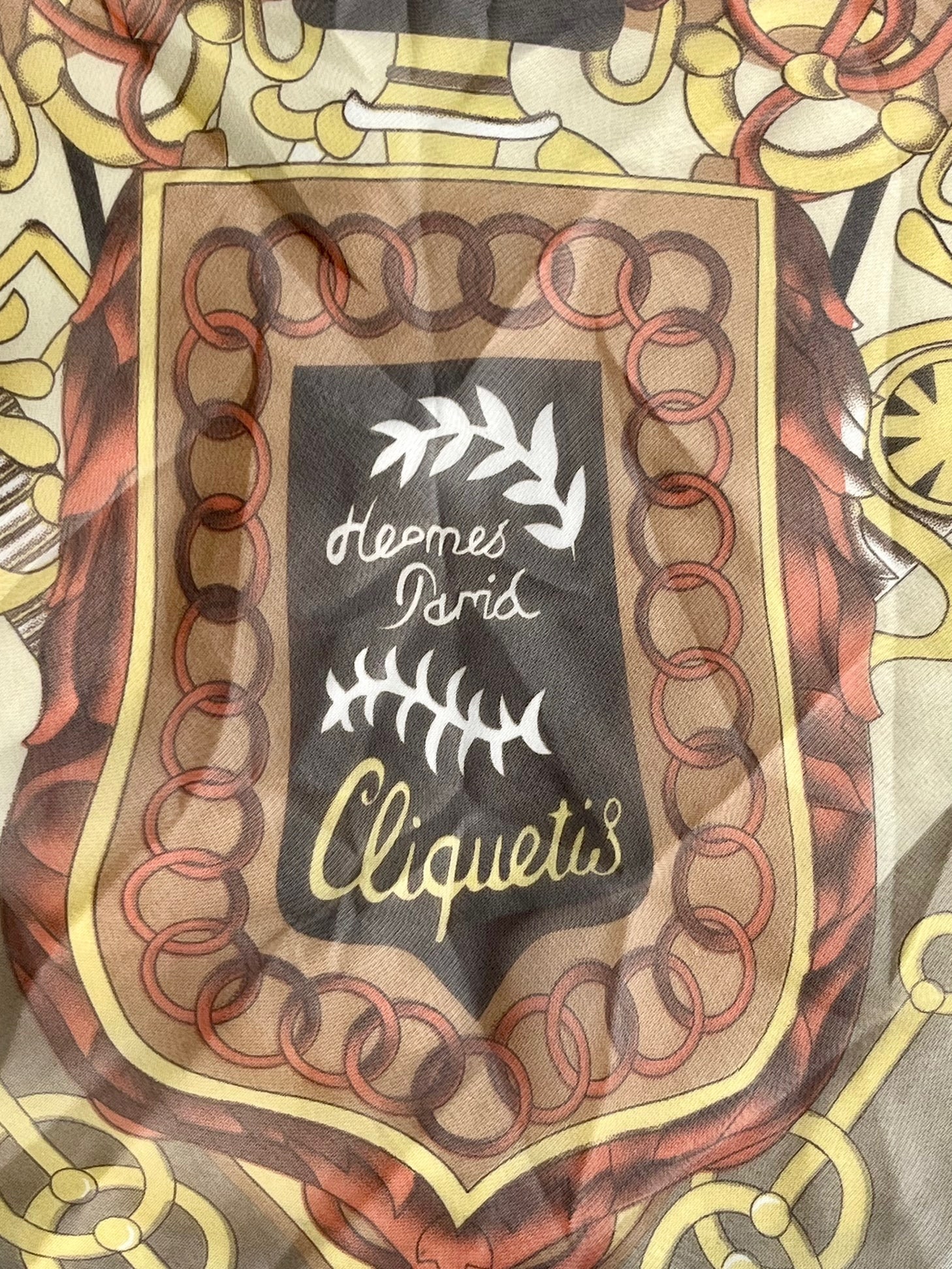 Vintage Hermes "Cliquetis" Silk Scarf by Julia Abadie, 1970's French Equestrian Design: Vintage Hermes "Cliquetis" Silk Scarf by Julia Abadie, 1970's French Equestrian Design, An authentic vintage Hermes Silk Scarf titled "CLIQUETIS", designed by Julia Abadie and first released in 1972,