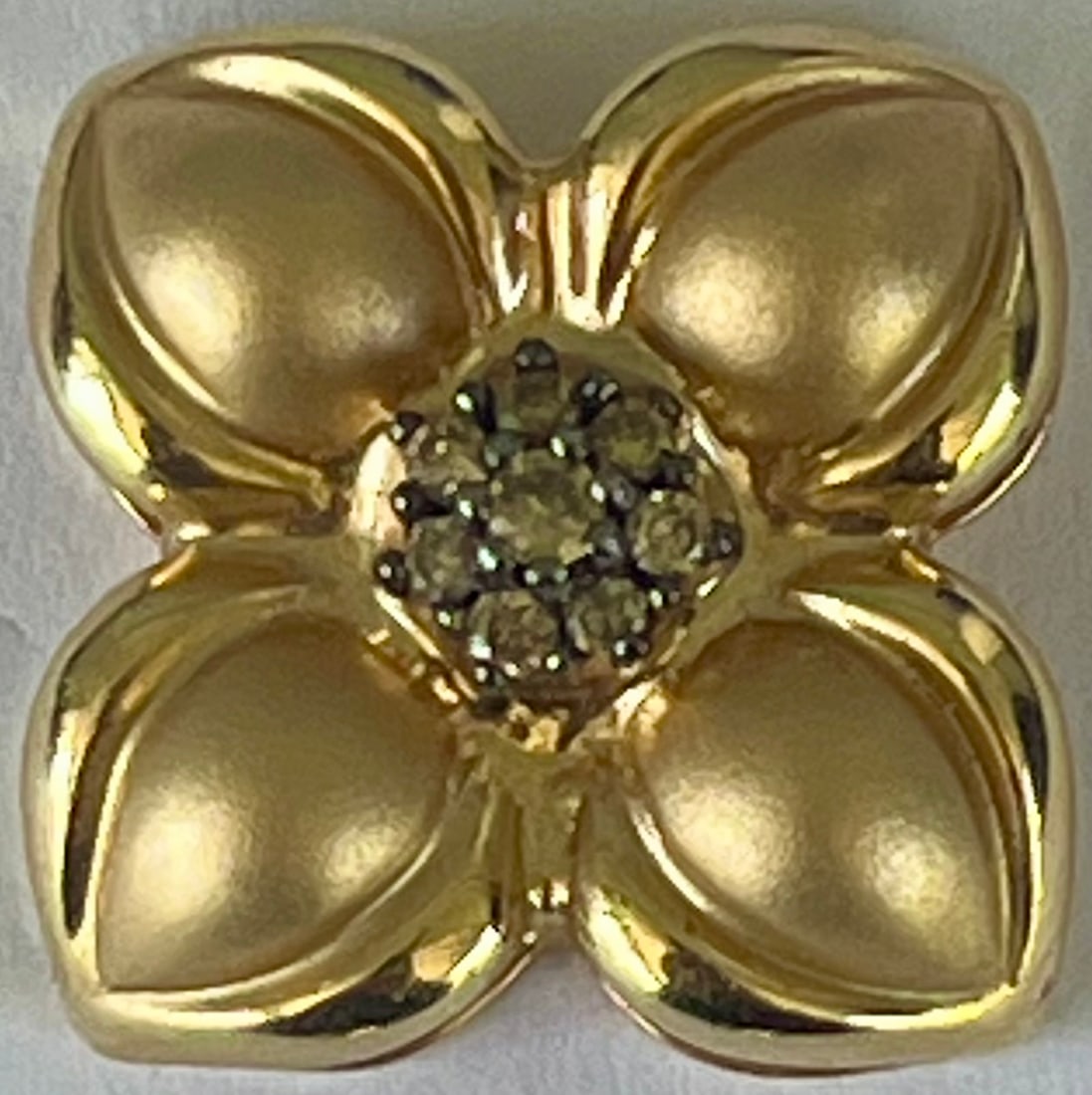Vintage 14K Yellow Gold & Diamond Floral Enhancer / Slide Pendant, 3.00 grams: Vintage 14K Yellow Gold & Diamond Floral Enhancer / Slide Pendant, 8 round cut diamonds, 3.00 grams, measures approx. 7/8" x 7/8", condition as seen in photos provided