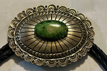 Vintage L. Chavez Native American Sterling Silver & Turquoise Bolo Tie