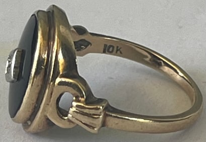 10K Yellow Gold, Diamond, Black Onyx Ring, Size 6, 3.31 grams