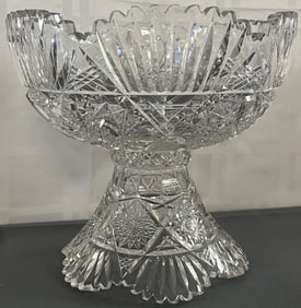 American Brilliant Period Cut Glass Punch Bowl, Deeply Cut Hobstars & Fans, C. 1900