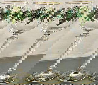 Set of 3 Moser Bohemian Enameleed & Gilded Wine Gobletsw/ Air-Twist Stems c. 1900