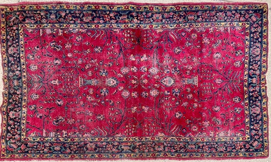 Mid-20th C. Hand-Knotted Persian Kashan Rug, Floral Medallion Design: Mid-20th C. Hand-Knotted Persian Kashan Rug, Floral Medallion Design, A finely knotted Persian Kashan rug featuring a classic central floral medallion and symmetrical vase designs, set against a rich 