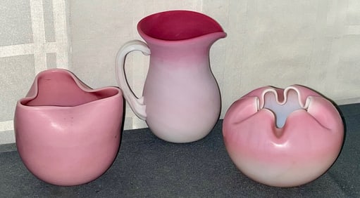 Group of 3 Pieces of Mt. Washington Peachblow Victorian Art Glass