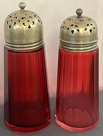 Lot of 2 Antique Victorian Cranberry Art Glass Sugar Shakers, Muffiniers