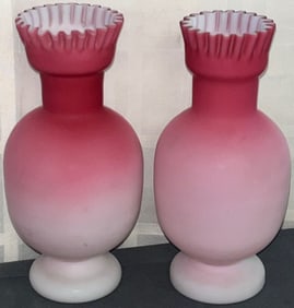 Pair of Victorian Hand Blown Peach Blow Satin Glass 8" Vases, Ruffled Tops
