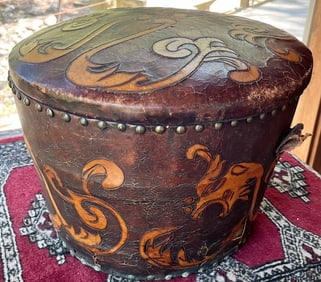 Unusual Vintage Leather Covered Wooden Bucket w/ Engraved Stylized Dragon Motif