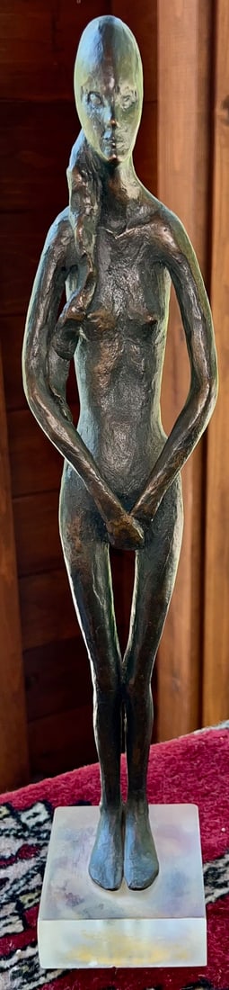 Modernist Bronze Nude Female Figure on Lucite Base, 15" High, MCM: Modernist Bronze Nude Female Figure on Lucite Base, 15" High, A finely cast bronze sculpture of a stylized nude female figure, standing with hands gently clasped in front, The elongated form and smoot