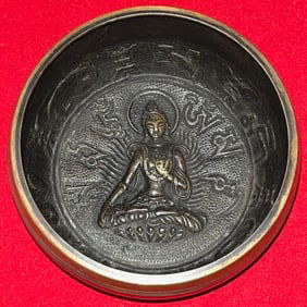 Vintage Tibetan Singing Bowl w/ Buddha Relief & Om Mani Padme Hum Mantra