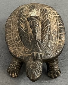 Vintage Bronze Archaistic Good Fortune Turtle Sculpture, Incised Symbolic Amulets