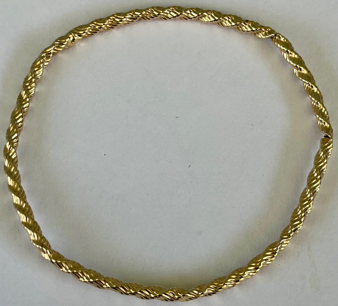 14K Yellow Gold "Rope" Bangle Bracelet, 2.86 grams: 14K Yellow Gold "Rope" Bangle Bracelet, 2.86 grams, tests 14K gold, condition as seen in photos, dents / creases
