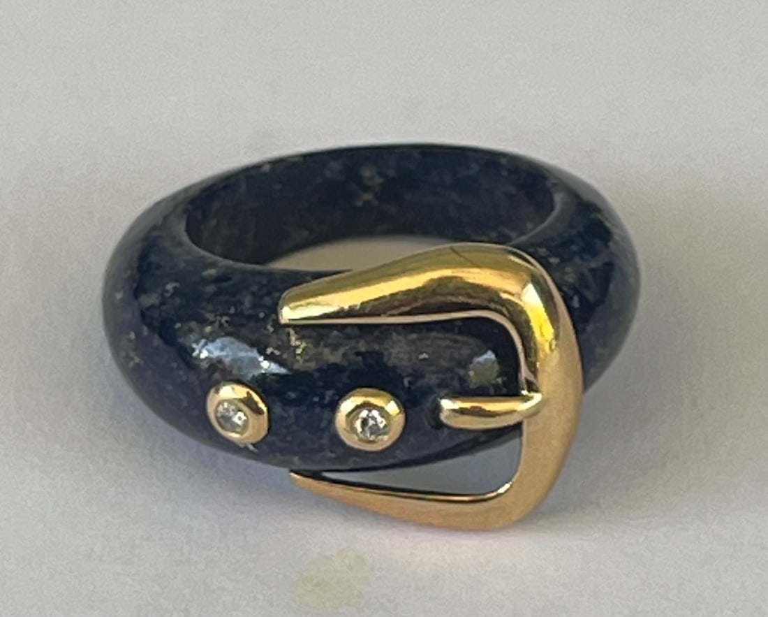Vintage 14K Yellow Gold, Blue Lapis and Diamond "Belt Buckle" Ring, 6.34 grams: Vintage 14K Yellow Gold, Blue Lapis and Diamond "Belt Buckle" Ring, stamped and tested 14K, 6.34 grams, size 7.75 / 8