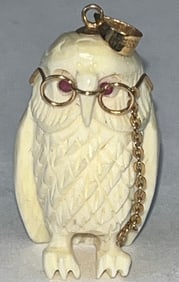 Vintage Carved Bone, 14K Yellow Gold Owl Pendant, Stamped 14K and .585