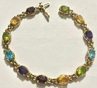 14K Yellow Gold Multi-Color Gem Stone 8 1/2" Bracelet, 13.79 grams