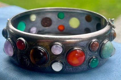 Modernist Sterling Silver Bangle Bracelet with Cabochon Semi-Precious Stones