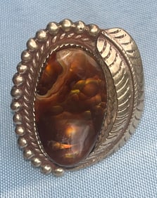 Vintage Navajo Sterling Silver Ring with Polished Fire Agate and Feather Design