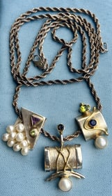 Modernist Studio Artisan Sterling Silver Necklace w/ Gemstone & Pearl Pendants