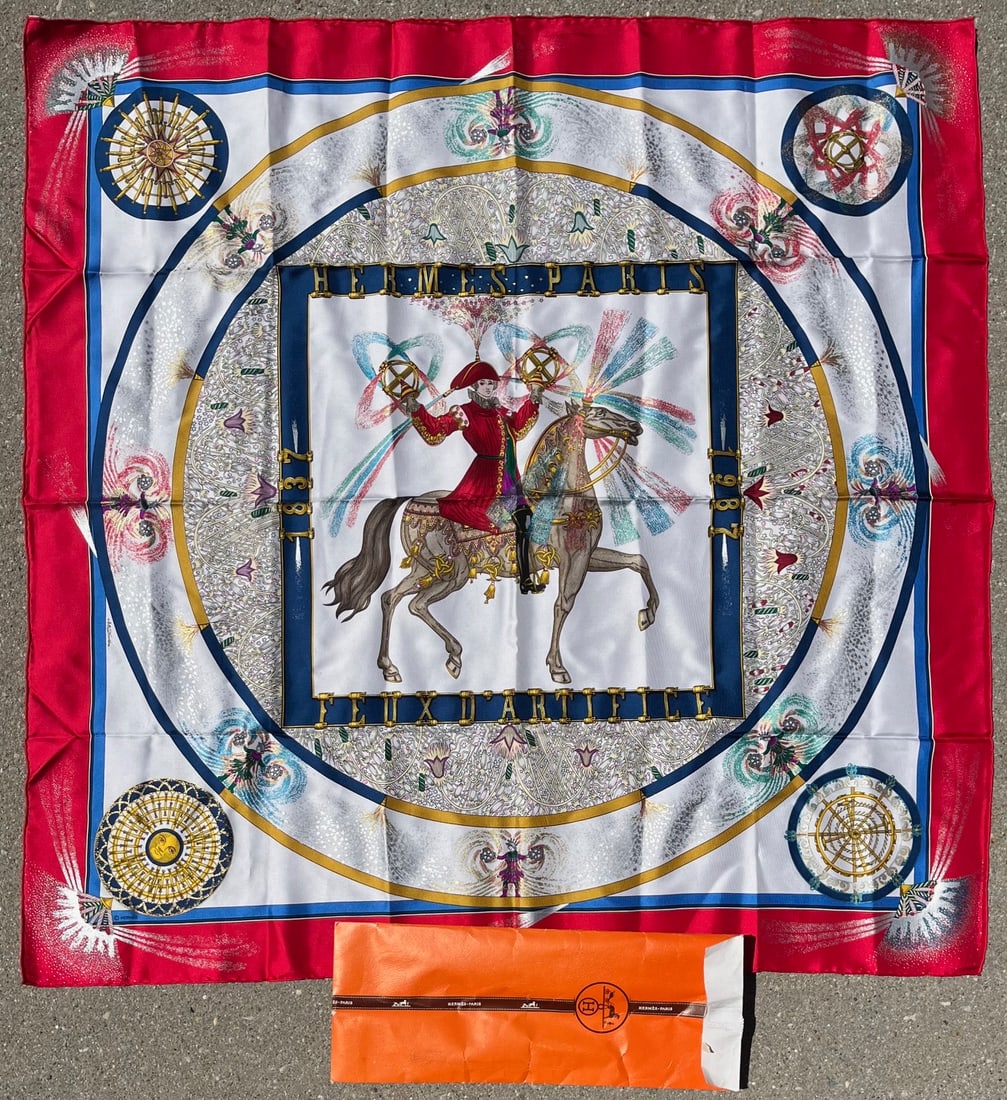 Hermes "Feux d'Artifice" Silk Scarf by Michael Duchene, 1987, Original Envelope: Hermes "Feux d'Artifice" Silk Scarf by Michel Duchene, 1987, Original Envelope, A vibrant Hermes Paris silk scarf titled "Feux d'Artifice", designed by Michel Duchene in 1987, featuring a circus perfo