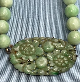 Antique Chinese Carved Celadon Jade Pendant Necklace with Round Beads